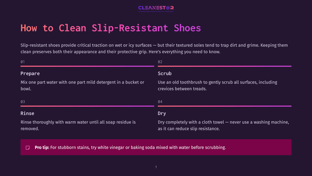 Infographic Titled &Quot;How To Clean Slip-Resistant Shoes&Quot; With Numbered Steps: 1. Prepare, 2. Scrub, 3. Rinse, 4. Dry. Includes A Pro Tip For Stubborn Stains.