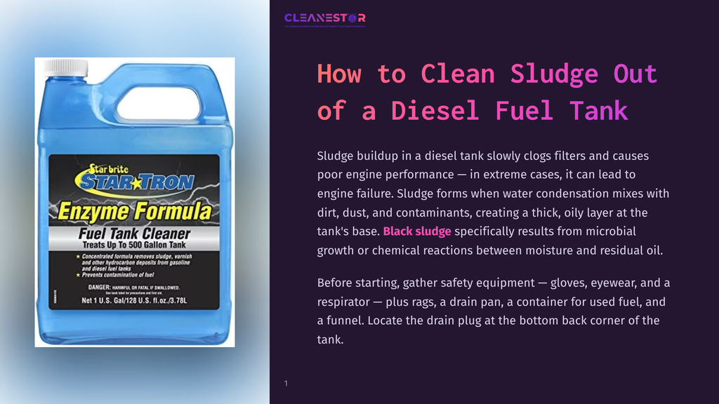A Blue Gallon Jug Of Star Brite Fuel Tank Cleaner, An Enzyme Formula That Treats Up To 500 Gallon Tanks And Prevents Contamination Of Fuel, Sits On A Dark Purple Background Next To Text About Cleaning Diesel Fuel Tanks.