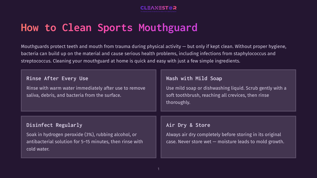 Infographic Titled &Quot;How To Clean Sports Mouthguard&Quot; With Four Sections: Rinse After Every Use, Wash With Mild Soap, Disinfect Regularly, And Air Dry &Amp; Store, Detailing Cleaning Instructions.