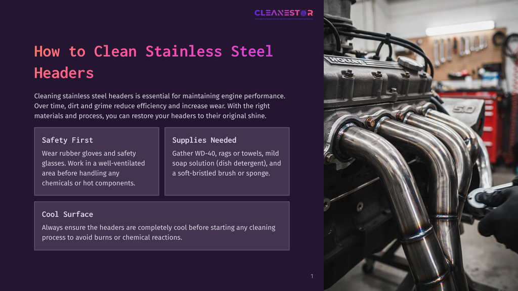Close-Up Of A Car'S Stainless Steel Exhaust Headers, Showing The Intricate Pipework And A Gloved Hand Holding A Cleaning Tool. The Text &Quot;How To Clean Stainless Steel Headers&Quot; Is Visible.