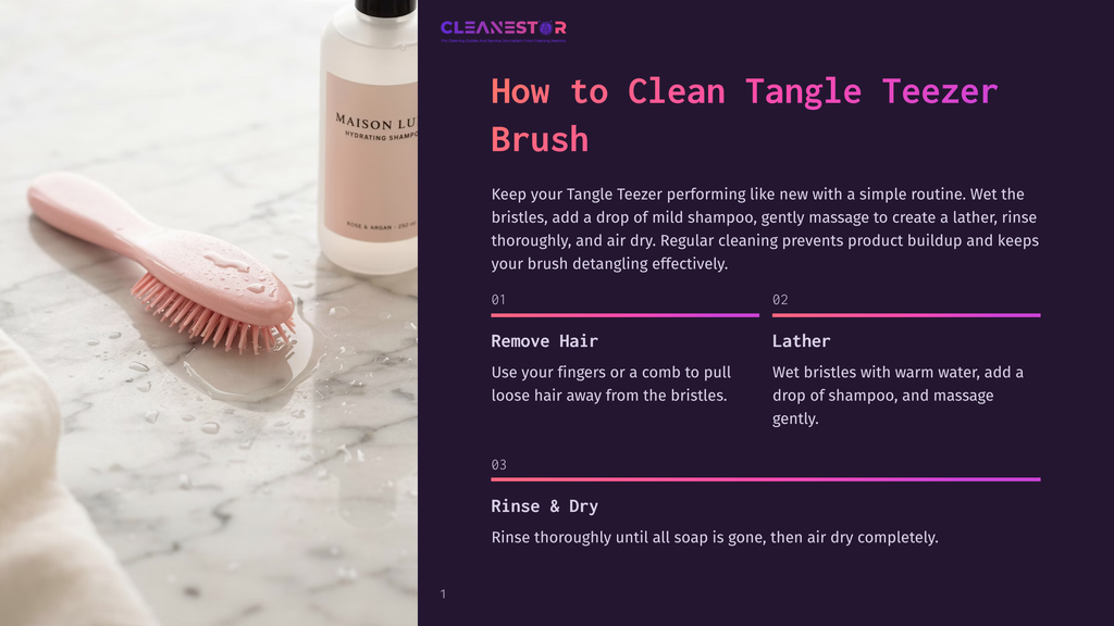 A Pink Tangle Teezer Brush Rests On A Wet Marble Surface Next To A Bottle Of Maison Louis Hydrating Shampoo, Ready For Cleaning.