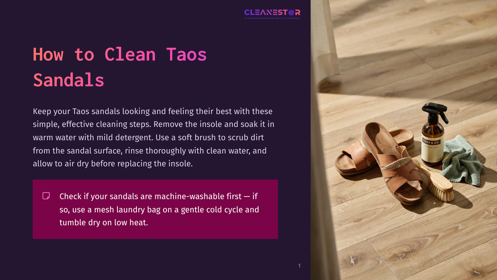 Brown Leather Taos Sandals With Woven Straps Sit On A Light Wood Floor Next To A Cleaning Spray Bottle And A Soft Brush, Ready For Cleaning.