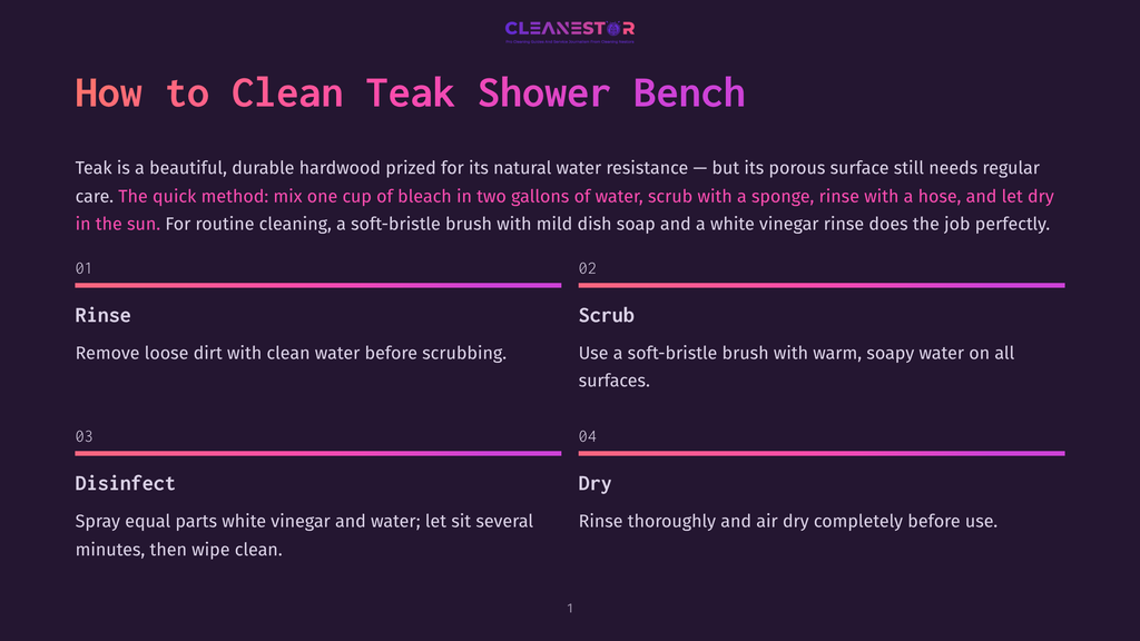 Infographic Detailing How To Clean Teak Shower Benches, With Steps Including Rinse, Scrub, Disinfect, And Dry, Using A Bleach Solution Or Vinegar.
