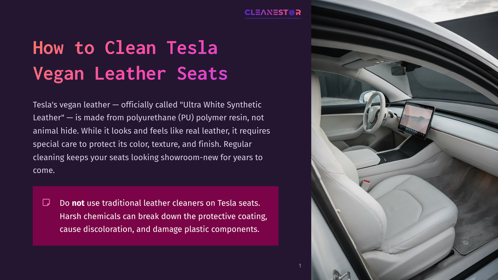 Interior Of A Tesla Car, Showing Clean, White Vegan Leather Seats And Dashboard. Text On The Left Reads: &Quot;How To Clean Tesla Vegan Leather Seats&Quot;.