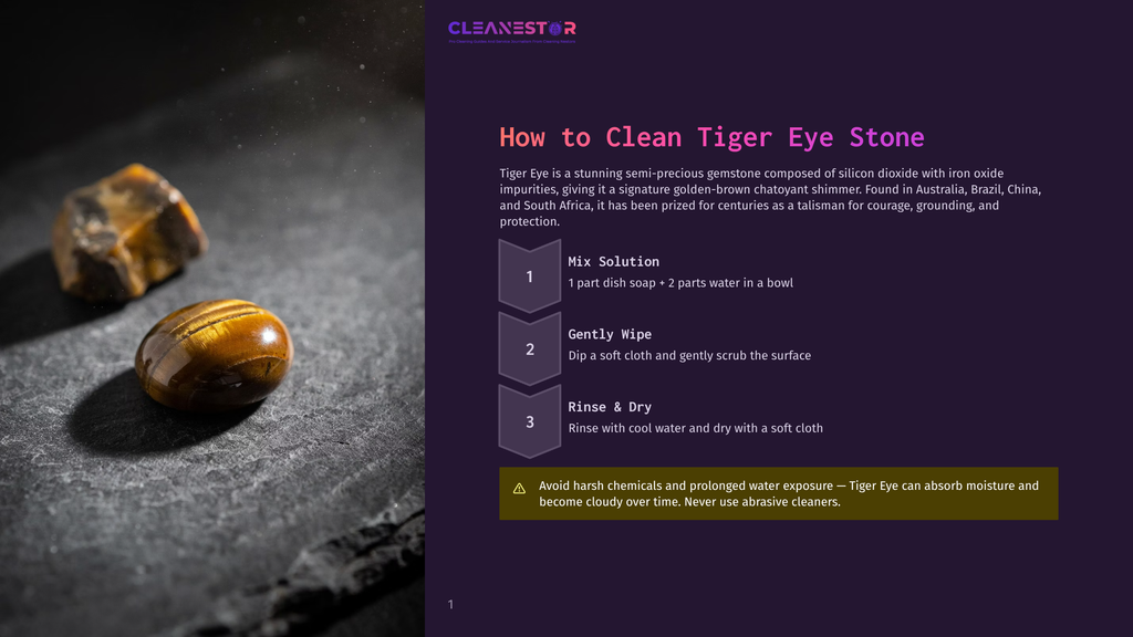 Close-Up Of Two Polished Tiger Eye Stones On A Dark, Textured Surface. The Stones Display Their Signature Golden-Brown Chatoyancy And Banding. The Image Is Part Of A Guide On How To Clean Tiger Eye Stones.