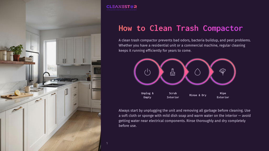 A Modern, Clean White Kitchen With Light Wood Floors. White Cabinets Line The Walls, With A Countertop Featuring A Sink, Faucet, And A Bowl Of Lemons. The Image Is Overlaid With Text About &Quot;How To Clean Trash Compactor&Quot; With Steps Including Unplug, Scrub, Rinse, And Wipe.