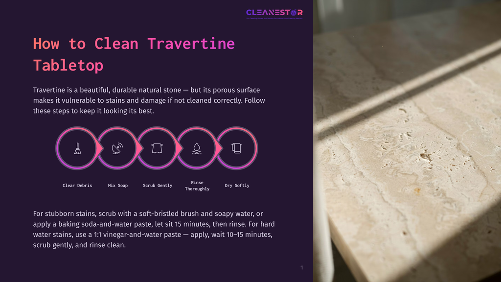 A Light Beige Travertine Tabletop With Visible Pores, Bathed In Soft Sunlight Casting Shadows. The Image Includes Text Overlay Detailing How To Clean Travertine, With Steps Like &Quot;Clear Debris,&Quot; &Quot;Mix Soap,&Quot; &Quot;Scrub Gently,&Quot; &Quot;Rinse Thoroughly,&Quot; And &Quot;Dry Softly.