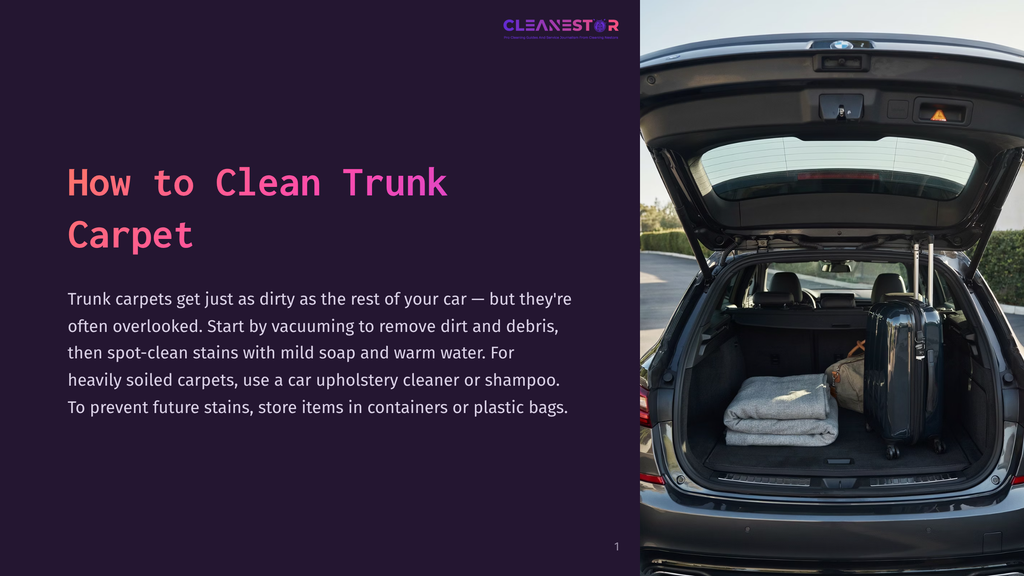 Open Trunk Of A Dark Suv Filled With Luggage And Blankets, Showcasing The Carpeted Interior. Text Overlay Offers Tips On How To Clean Trunk Carpet.