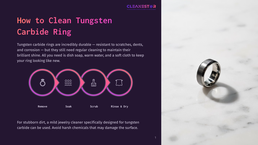 A Tungsten Carbide Ring Sits On A Marble Surface, With A Graphic Overlay Detailing How To Clean Tungsten Carbide Rings, Including Steps For Soaking, Scrubbing, And Rinsing.