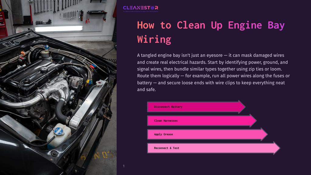 A Detailed View Of A Car'S Engine Bay, Showing Wires, Hoses, And Engine Components. Text Overlay Reads &Quot;How To Clean Up Engine Bay Wiring&Quot; And Lists Steps Like &Quot;Disconnect Battery,&Quot; &Quot;Clean Harnesses,&Quot; &Quot;Apply Grease,&Quot; And &Quot;Reconnect &Amp; Test.