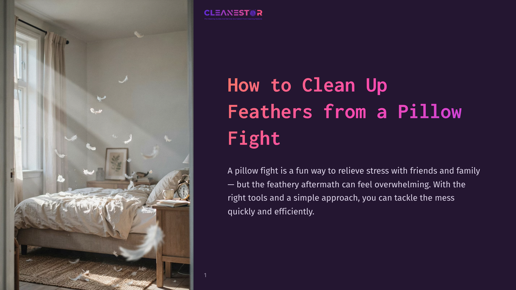 Feathers Float In A Sunlit Bedroom With A Made Bed, Hinting At A Recent Pillow Fight And The Cleanup Process.