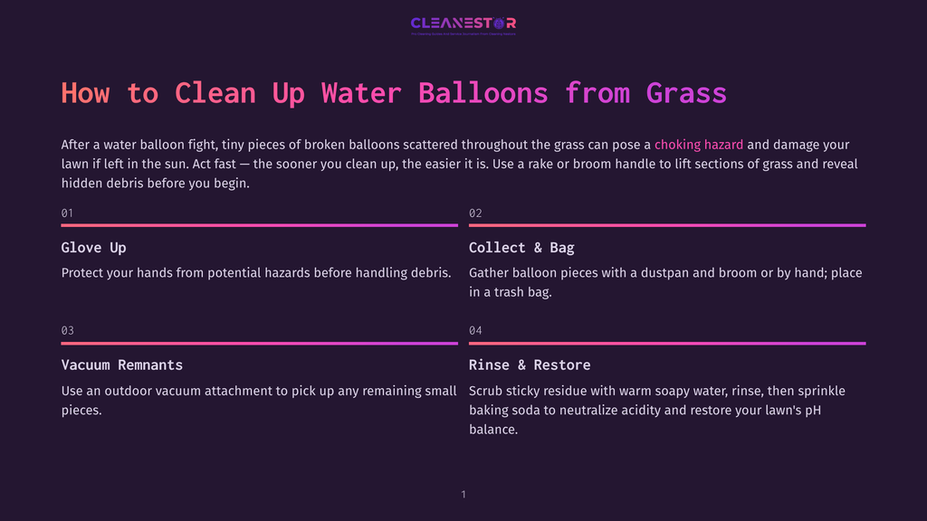 How To Clean Up Water Balloons From Grass: A Guide With Four Steps: Glove Up, Collect &Amp; Bag, Vacuum Remnants, And Rinse &Amp; Restore. The Graphic Features Text And Numbered Steps Against A Dark Background.