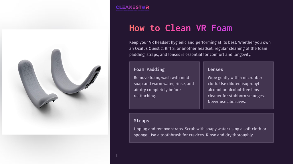 1 How To Clean Vr Foam Two Grey Foam Vr Headset Face Cushions And Head Straps Are Shown Against A Light Grey Background. The Text &Quot;Cleanestor&Quot; Is At The Top Left.