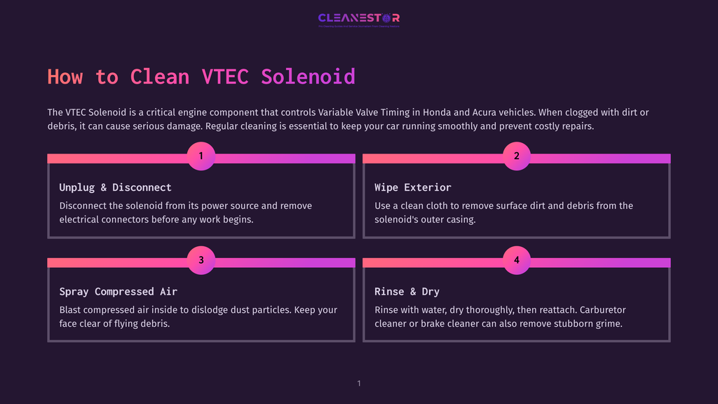 1 How To Clean Vtec Solenoid Infographic Titled &Quot;How To Clean Vtec Solenoid&Quot; Showing 4 Steps: 1. Unplug &Amp; Disconnect, 2. Wipe Exterior, 3. Spray Compressed Air, 4. Rinse &Amp; Dry. The Graphic Uses Purple And Pink Gradients.