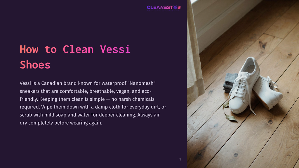Cleanestor Logo On A Dark Purple Background With The Title &Quot;How To Clean Vessi Shoes&Quot; And A Description Of Vessi Sneakers. A Pair Of White Vessi Sneakers Rests On A Light Brown Wooden Floor Next To A Folded Grey Cloth.