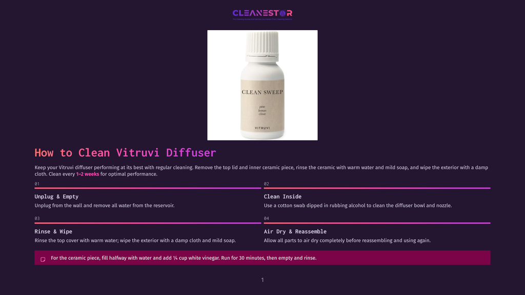 Vitruvi Diffuser Cleaning Instructions: A Bottle Of &Quot;Clean Sweep&Quot; Cleaning Solution Sits Next To A Vitruvi Diffuser, With Steps Detailing How To Clean The Ceramic Diffuser.