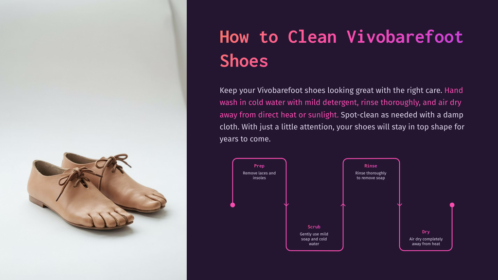 How To Clean Vivobarefoot Shoes: A Pair Of Tan Leather Vivobarefoot Shoes With Laces, And A Diagram Showing The Steps To Clean Them: Prep, Rinse, Scrub, And Dry.