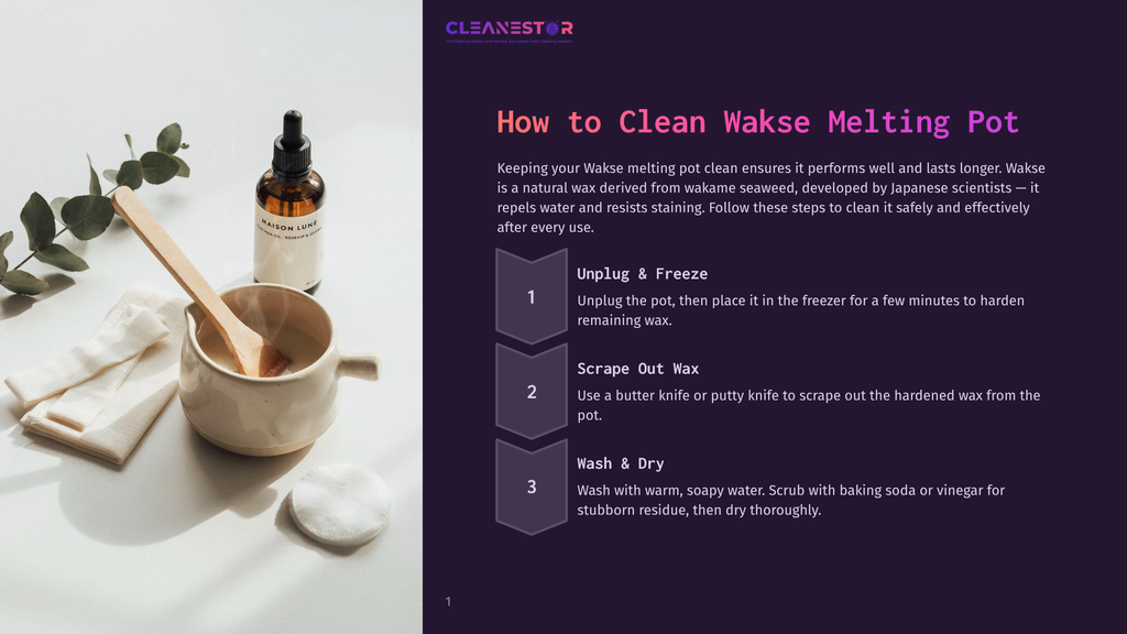 A White Ceramic Wax Melting Pot With A Wooden Spoon And A Bottle Of Maison Lune Massage Oil Sits On A Light Cloth Next To A Sprig Of Eucalyptus, With Instructions On How To Clean A Wax Melting Pot.