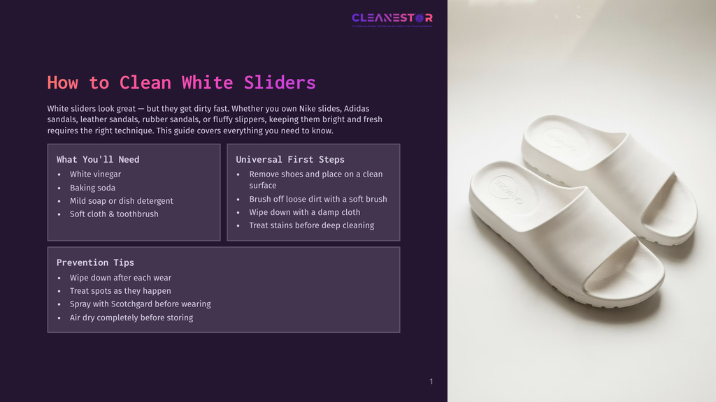 Clean White Sliders, A Popular Footwear Choice, Are Displayed On A White Background. The Image Includes Text From The &Quot;How To Clean White Sliders&Quot; Guide.