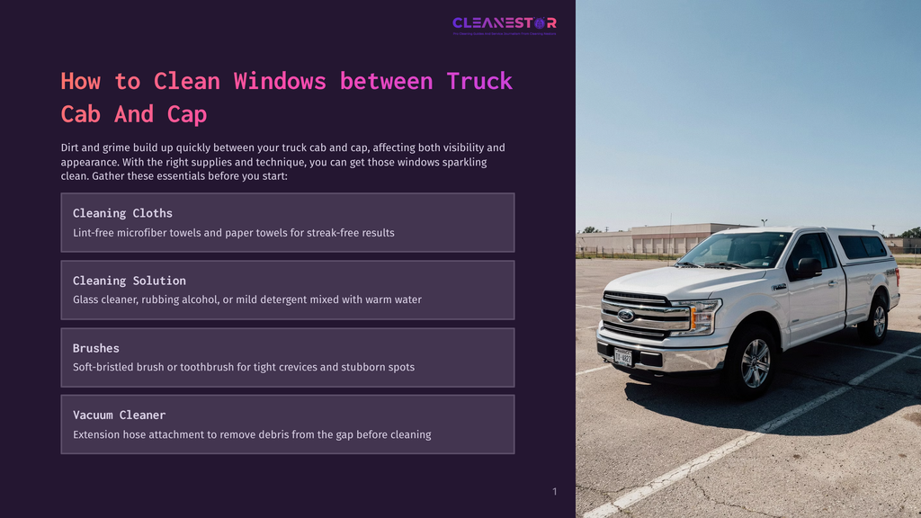 A White Ford F-150 Pickup Truck With A Silver Camper Shell Is Parked In A Sunny Parking Lot, With A Purple Overlay On The Left Side Of The Image Featuring Text About Cleaning Truck Windows.