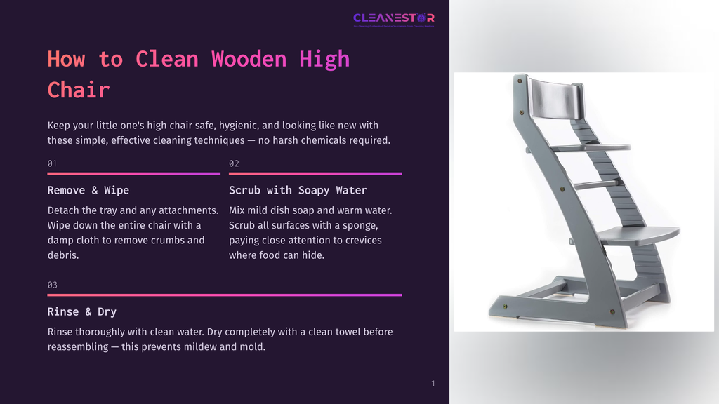 A Modern, Grey Wooden High Chair With A Silver Tray, Shown From The Side. The High Chair Has A Footrest And Is Positioned Against A Dark Purple Background With Text About Cleaning Wooden High Chairs.