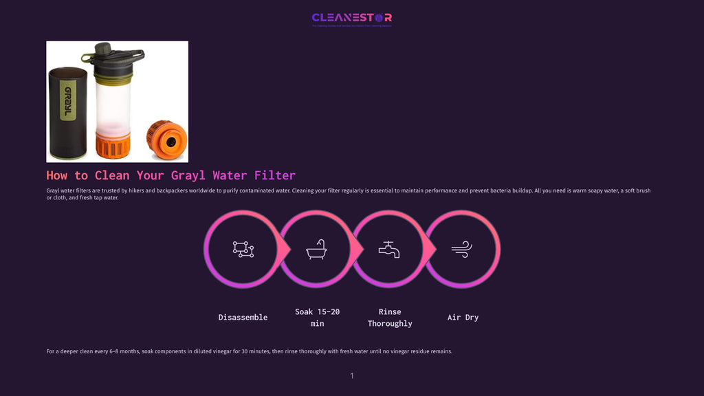 Illustration Showing The Steps To Clean A Grayl Water Filter: Disassemble, Soak In Diluted Vinegar, Rinse Thoroughly, And Air Dry. The Grayl Filter Is Pictured On The Left.
