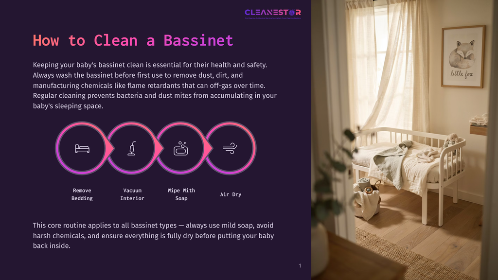 1 How To Clean A Bassinet Illustration Of Bassinet Cleaning Steps: Remove Bedding, Vacuum Interior, Wipe With Soap, Air Dry. Cleanestor Logo And Text &Quot;How To Clean A Bassinet&Quot; Visible.
