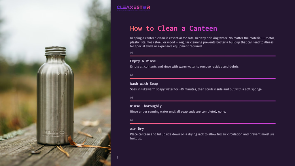 A Stainless Steel Canteen With &Quot;Field &Amp; Co.&Quot; Branding Sits On A Weathered Wooden Surface, With A Soft, Natural Background Of Green Foliage. The Image Is Part Of A Guide On How To Clean A Canteen.