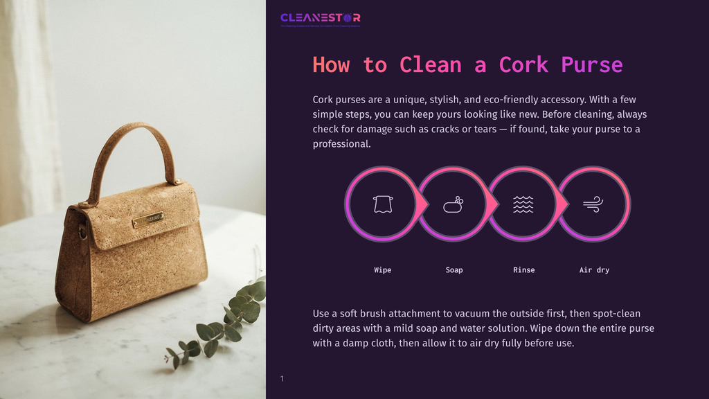 A Stylish, Eco-Friendly Cork Purse Sits On A Marble Surface Next To A Sprig Of Greenery. The Image Includes The Title &Quot;How To Clean A Cork Purse&Quot; And A Graphic Illustrating The Cleaning Process: Wipe, Soap, Rinse, Air Dry.
