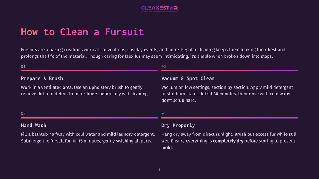 Cleanestor Graphic With &Quot;How To Clean A Fursuit&Quot; Title And Steps: Prepare &Amp; Brush, Vacuum &Amp; Spot Clean, Hand Wash, Dry Properly.