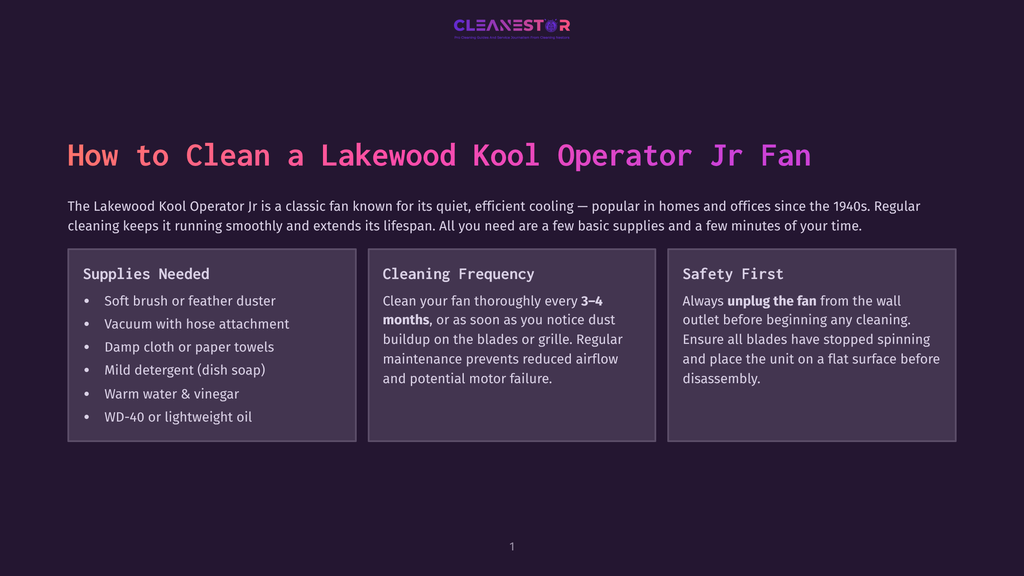 Infographic Titled &Quot;How To Clean A Lakewood Kool Operator Jr Fan&Quot; With Sections For Supplies Needed, Cleaning Frequency, And Safety First.