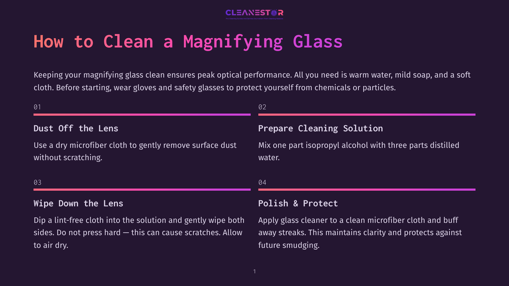 Magnifying Glass Cleaning Guide With Four Steps: Dust Off The Lens, Prepare Cleaning Solution, Wipe Down The Lens, And Polish &Amp; Protect. The Cleanestor Logo Is At The Top.
