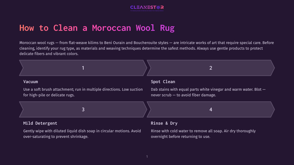Infographic Titled &Quot;How To Clean A Moroccan Wool Rug&Quot; With 4 Steps: Vacuum, Spot Clean, Mild Detergent, And Rinse &Amp; Dry. The Background Is A Dark Purple Gradient.