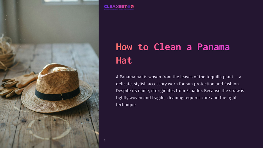 A Close-Up Of A Woven Panama Hat With A Black Band Sits On A Rustic Wooden Table Next To A Pair Of Leather Gloves.
