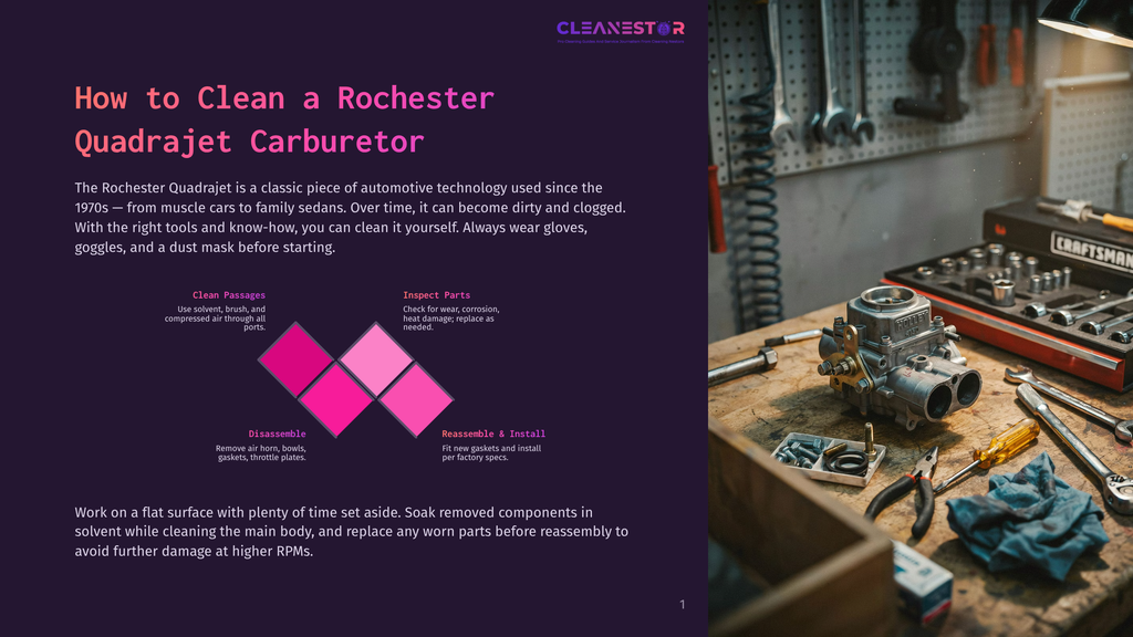 Close-Up Of A Rochester Quadrajet Carburetor Being Worked On, With Tools And Parts Scattered Around A Workbench. The Image Includes Text From A Guide On How To Clean A Rochester Quadrajet Carburetor.