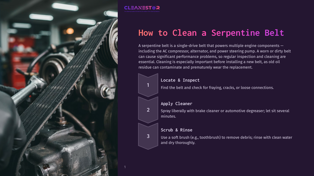1 How To Clean A Serpentine Belt Close-Up Of A Car'S Serpentine Belt, Showing Its Ribbed Texture. Text Overlay From Cleanestor Instructs On How To Clean A Serpentine Belt, Detailing Steps Like &Quot;Locate &Amp; Inspect,&Quot; &Quot;Apply Cleaner,&Quot; And &Quot;Scrub &Amp; Rinse.