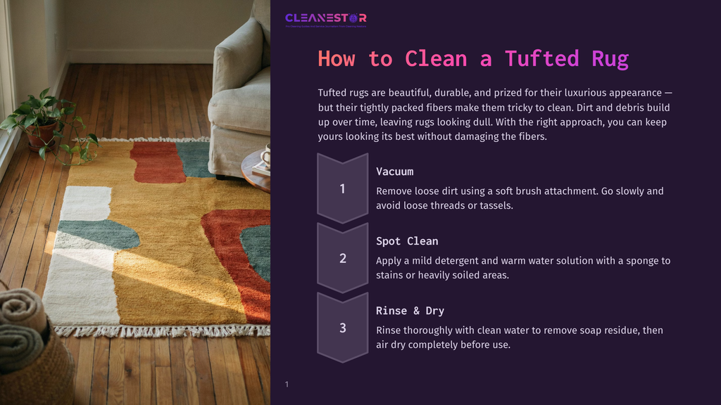 Cleanestor Logo And Text Overlaying A Photo Of A Tufted Rug On A Wooden Floor Next To A Couch, With Cleaning Steps: Vacuum, Spot Clean, Rinse &Amp; Dry.