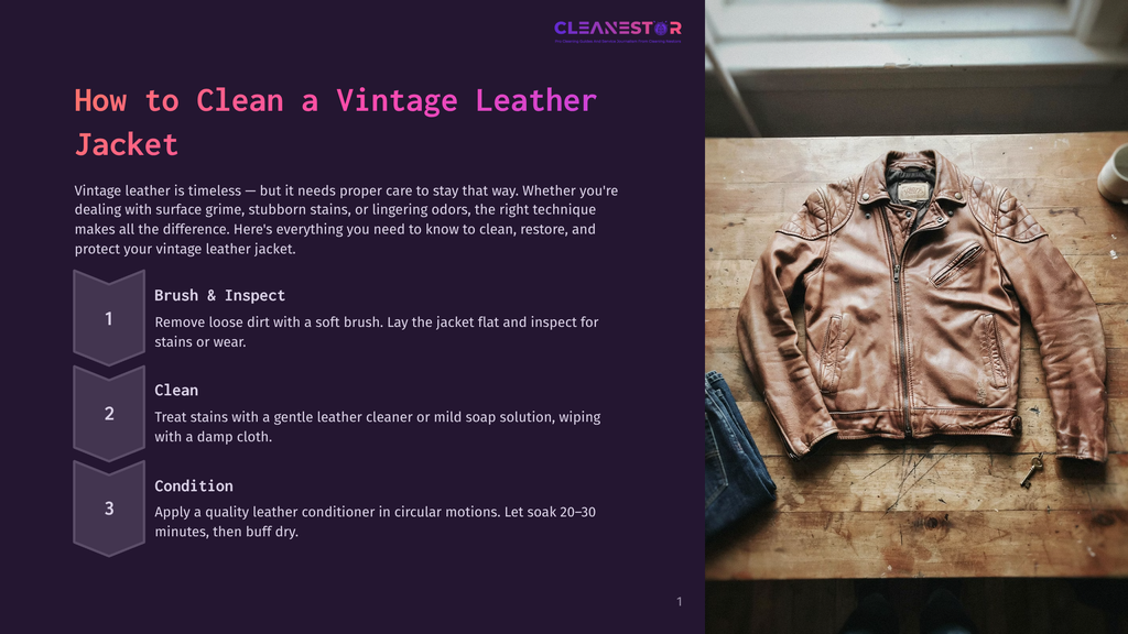 A Vintage Brown Leather Jacket Rests On A Wooden Table Next To A Pair Of Blue Jeans And A White Mug. Text Overlay Reads &Quot;How To Clean A Vintage Leather Jacket&Quot;.