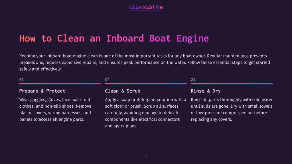 Cleanestor Logo With Text &Quot;How To Clean An Inboard Boat Engine&Quot; And Numbered Steps: 1. Prepare &Amp; Protect, 2. Clean &Amp; Scrub, 3. Rinse &Amp; Dry.