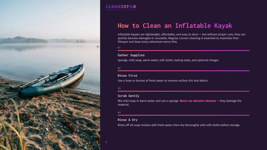 An Inflatable Kayak Rests On A Sandy Shore Next To A Misty Lake, With The &Quot;Cleanestor&Quot; Logo And Cleaning Instructions Visible On The Right.