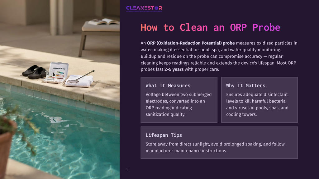 1 How To Clean An Orp Probe A Clean Pool Orp Probe Is Shown Next To A Water Testing Kit And A Folded White Towel, With The Pool Water And Lounge Chairs In The Background.