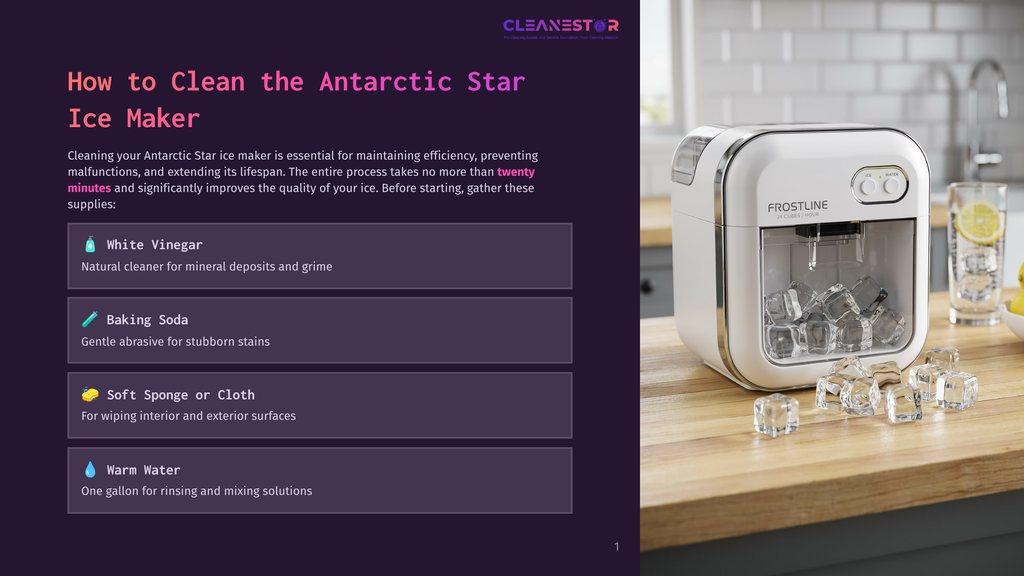 Antarctic Star Ice Maker: Instructions For Cleaning With White Vinegar, Baking Soda, Soft Sponge, And Warm Water. A Clean, Modern Ice Maker Sits On A Wooden Countertop With Ice Cubes Scattered Around It.