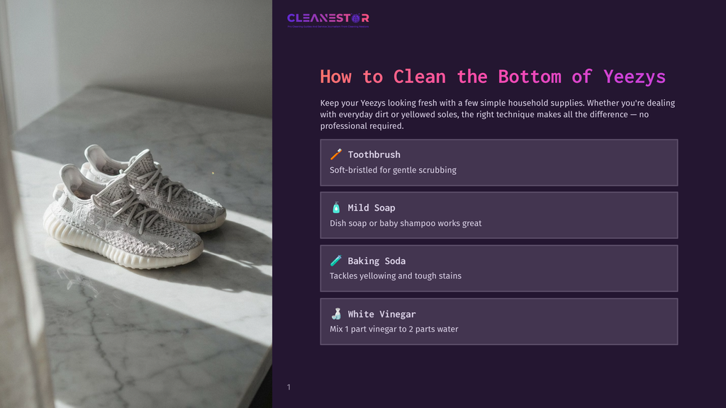 Close-Up Of A Pair Of White Yeezy Sneakers Resting On A Marble Surface, With Text Overlay Detailing How To Clean Them Using A Toothbrush, Mild Soap, Baking Soda, And White Vinegar.