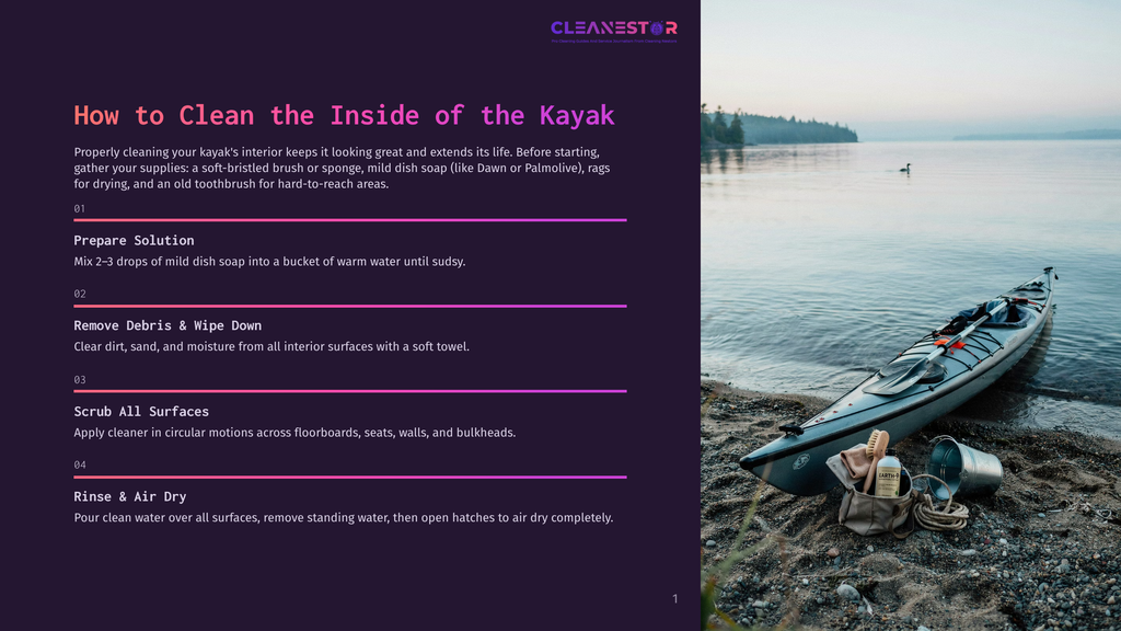 A Dark Grey Kayak Rests On A Sandy Beach Next To Calm, Reflective Water. The Kayak Is Packed, With Cleaning Supplies Like Brushes And A Bucket Nearby. The Scene Is Serene, With A Lush Green Forest In The Background.
