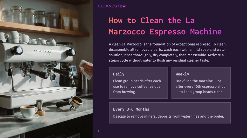 A Professional La Marzocco Espresso Machine Is Cleaned With Soap And Water, With A Barista'S Hands Visible In The Background. The Machine Is White And Silver With A Portafilter In The Foreground.