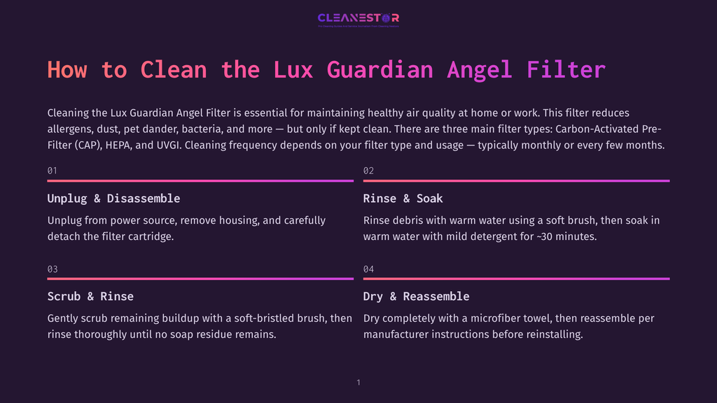 Infographic Detailing How To Clean A Lux Guardian Angel Filter: Unplug &Amp; Disassemble, Rinse &Amp; Soak, Scrub &Amp; Rinse, Dry &Amp; Reassemble.