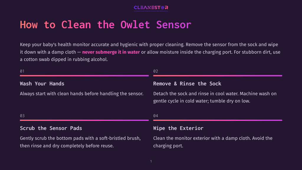 Infographic Detailing How To Clean The Owlet Sensor, With Steps Like &Quot;Wash Your Hands,&Quot; &Quot;Remove &Amp; Rinse The Sock,&Quot; &Quot;Scrub The Sensor Pads,&Quot; And &Quot;Wipe The Exterior.