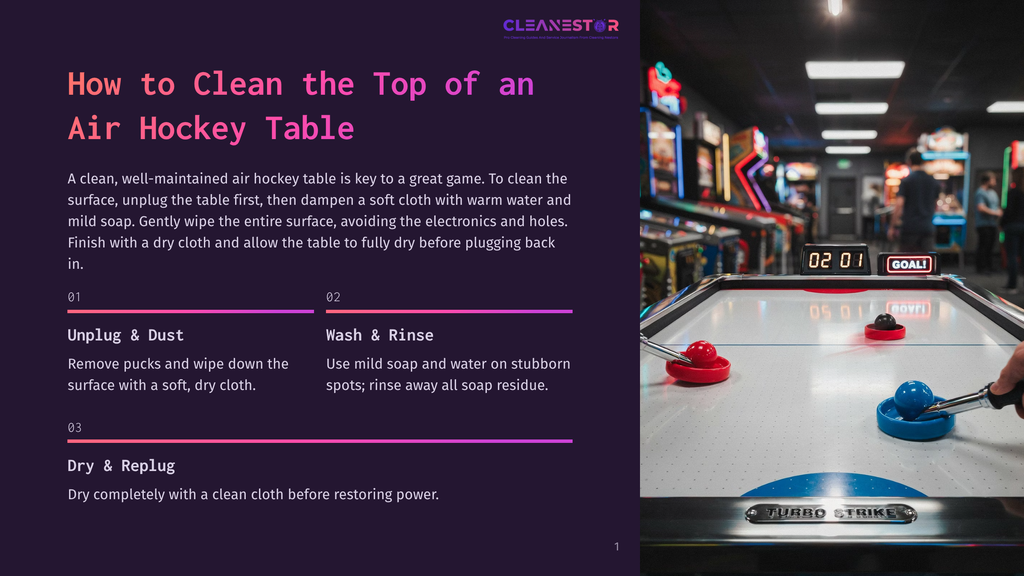 Close-Up Of An Air Hockey Table With Red And Blue Pucks, A Hand Holding A Blue Puck, And Arcade Games In The Blurred Background. The Scoreboard Shows &Quot;02 01&Quot;.