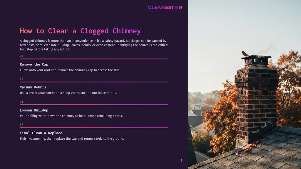 1 How To Clear A Clogged Chimney A Brick Chimney With A Cap Stands Tall Against A Backdrop Of Autumn Trees And Houses, With Text Overlay Detailing How To Clear A Clogged Chimney.
