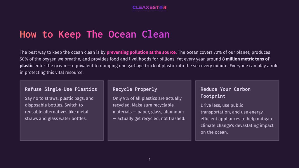 A Dark Purple Background With The Title &Quot;How To Keep The Ocean Clean&Quot; In Large White Letters. Below The Title Are Three Boxes With Tips: &Quot;Refuse Single-Use Plastics,&Quot; &Quot;Recycle Properly,&Quot; And &Quot;Reduce Your Carbon Footprint.